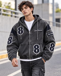 Sam Tactical <b>Men's</b> Hooded Denim Jacket Zipper Streetwear Applique <b>Badge</b> Loose Fit Washed <b>Black</b> Frayed Patch <b>Badge</b> Design - Product Image 4