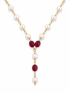 Collier personnalisé plaqué rhodium avec perles de pierres précieuses rouge rubis et perles de culture d'eau douce, chaîne Y en forme de goutte, ensemble de luxe pour mariée - Product Image 2