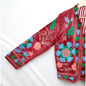 Handmade Multicolor Embroidered Velvet Women's Jacket Mandarin Collar Full Sleeve Geometric Pattern Autumn Wear - Product Image 2