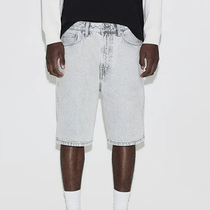 Men's Light Grey Denim Shorts Mid Waist <b>Elastic</b> Closure Casual Style With Pockets Breathable Cotton Fabric - Product Image 2