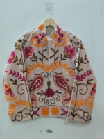 Blouson bomber pour femme brodé de fleurs, col montant, manches trois quarts, broderie à la main, coton tricoté, printemps, automne, hiver