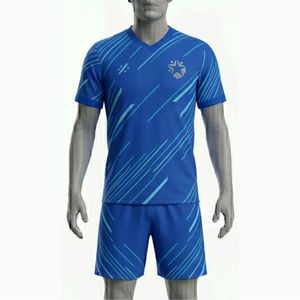 Custom Men <b>Soccer</b> Jersey Uniform Set Blue Striped V-Neck Wholesale Moisture Wicking Short Sleeve Football Kit All Seasons Adult - Product Image 1