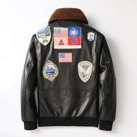 Blouson Aviateur Homme Top Gun 17 Badges en Polyester Col Montant Respirant Coupe-Vent Épais Style Hiver Urbain Patchwork