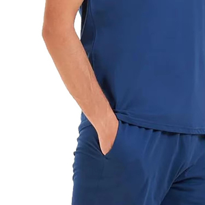 Men's Summer Casual Plus Size 2-Piece Set Blue <b>Polyester</b> <b>T</b>-<b>Shirt</b> Shorts V-neck Solid Color Breathable Knitted Fabric - Product Image 5