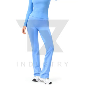 High Waisted <b>Flared</b> Leg Yoga <b>Leggings</b> Solid Color Seamless Full Length Women's Fitness Wear Blue Spandex Nylon Material - Product Image 5