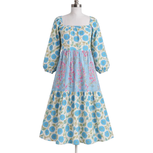 Robe longue personnalisée pour femme, imprimée à la main avec motifs floraux, col rond élastique, manches longues, style Kali Gadder à volants, tenue décontractée en coton - Product Image 1