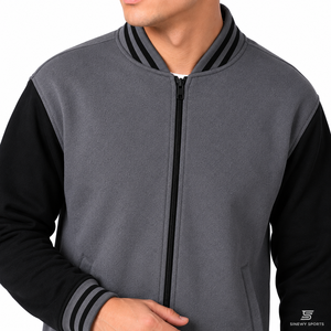 SINEWY SPORTS Men's Varsity <b>Jacket</b> Gray <b>Black</b> Sleeve Zipper Closure Casual Regular Fit <b>Fleece</b> Material Spring Season - Product Image 4