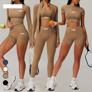 Custom New 2 Piece Set Mid Waist Yoga Sports <b>Bra</b> Half Sleeve T-Shirt Yoga Leggings Biker Shorts Fitness Gym Set - Product Image 6