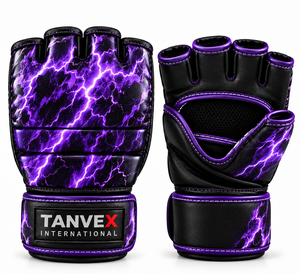 Gants de MMA TANVEX INTERNATIONAL, imprimé éclairs violets, demi-doigts, en cuir PU, fermeture à enfiler, unisexe, respirants, arts martiaux - Product Image 1