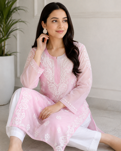 Premium Pink <b>Chikankari</b> Embroidered Georgette Kurti for Women – Elegant Ethnic Wear with Floral Embroidery - Product Image 4