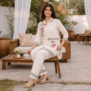 Women's <b>White</b> Embroidered Cotton <b>Set</b> Three Quarter Sleeve Long Pants Casual Floral Design V-neck Loose Fit Spring Summer Wear - Product Image 3
