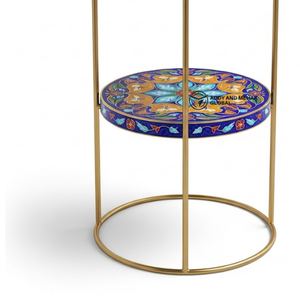 Table d'appoint ronde artisanale avec incrustations en os et structure métallique – Table d'appoint décorative à deux niveaux multicolore pour salon et chambre - Product Image 3