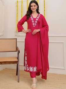 Green Cotton Embroidered <b>Kurta</b> Set <b>Women</b> Indian Pakistani Outfit Floral Neck with Dupatta Pants Wedding Party for <b>Women</b> Fit - Product Image 6