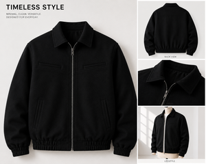 Men's Black Bomber Jacket <b>Covered</b> <b>Button</b> Stand Collar Casual Regular Fit 100% Cotton Breathable Winter Wear - Product Image 5