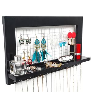 Supporto da parete per gioielli con 16 ganci e ripiano nero per orecchini, collane e bracciali - Product Image 3