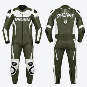 Traje de Motociclismo de Cuero Completo para Hombre Speedfreak, de una Pieza, Color Verde Oliva y Blanco, Transpirable, para Todas las Estaciones - Product Image 2