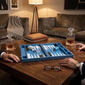 Modern Luxury Pu Leather Lychee Texture for Game Premium <b>Backgammon</b> <b>Set</b> Board Game <b>Set</b> Foldable Portable Blue with Dice - Product Image 6
