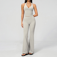 Ensemble 2 pièces écoresponsable en Spandex/Nylon, col licou, décolleté en V, dos nu, taille haute, pantalon évasé, grande taille, respirant, devant