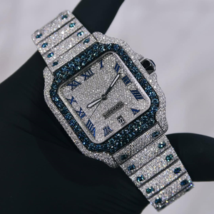 Limited Edition Modern Iced Blue Diamond Bezel Stainless Steel Square Automatic <b>Mechanical</b> <b>Watch</b> Blue Roman Numerals Full Bling - Product Image 4