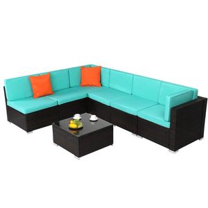Set da Giardino in Rattan Marrone Sfumato 7 Pezzi con Cuscini Blu Lago, Imballato Sottovuoto - Product Image 4