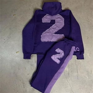 Custom Streetwear Cotton Sweatsuit Cut <b>Sew</b> Applique Distressed Embroidery Patch Cropped Hoodie and Sweatpants <b>Set</b> Tracksuits - Product Image 1