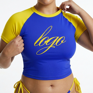 Blue <b>Yellow</b> Raglan Sleeve Crop Top Print Knitted Polyester Women's 2 Piece Swimwear Set Thongs Front Eco-Friendly Waist Detail - Product Image 6