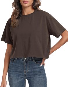 Camiseta Corta de Cuello Redondo Verde para Mujer, Corte Holgado, Color Sólido, Informal, Tejido de Punto Jersey, Transpirable, para Primavera/Verano - Product Image 4