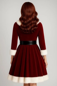 Robe de Noël vintage en velours rouge avec bordure en fausse fourrure blanche, col en V, manches trois quarts, ceinture, longueur mi-longue, tenue chaude pour l'hiver - Product Image 2