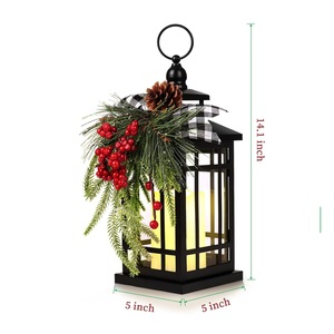 Black Iron Lantern With Christmas <b>Pine</b> And Berries Flameless <b>Candle</b> Holder For Home Decoration Wedding Christmas - Product Image 2