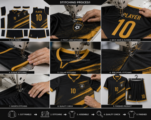 Nouvel ensemble de maillot de football court personnalisé noir et or pour hommes, uniforme par sublimation, col en V, poches latérales, respirant, séchage rapide, maille 100% - Product Image 6