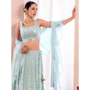 Robe de soirée bleu ciel brodée en georgette, Lehenga Choli pour réception - Product Image 2