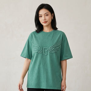 Camiseta Verde Oversize de Manga Corta con Logotipo R Alado en Relieve, Top Casual de Punto con Cuello Redondo para Hombre - Product Image 5