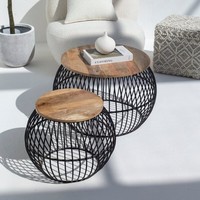Ensemble de table basse ronde en bois de manguier Vandana Zenova Novara avec base en métal pour un décor moderne