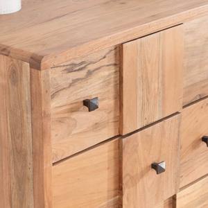 Cómoda de cuatro cajones Vandana Royal Aura con frentes con efecto de tablero de ajedrez en madera de acacia, diseño tipo rompecabezas, patas metálicas retro - Product Image 4