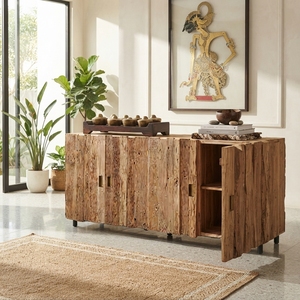 Aparador Grande de Madera Maciza, Estilo Rústico con Listones, 4 Puertas, Estilo Teca Natural, Mueble Buffet de Madera para Sala de Estar - Product Image 4
