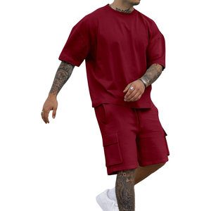 Conjunto de camiseta y pantalones cortos casuales de verano para hombre, de color sólido, cuello redondo, manga corta, con pantalones cortos tipo cargo, transpirable, tejido, 100% algodón - Product Image 5