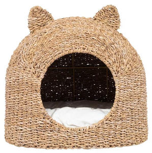 Lit pour animaux de compagnie en jacinthe d'eau, forme de chat élégante et mignonne, avec coussin, fait main en osier, maisonnette confortable pour chat et chien, nid douillet pour petits animaux, lit décoratif - Product Image 4
