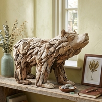 Sculpture d'ours moderne en bois artisanal, statue animale en bois de teck flotté, décoration sur pied pour sol forestier, pour la maison et les mariages