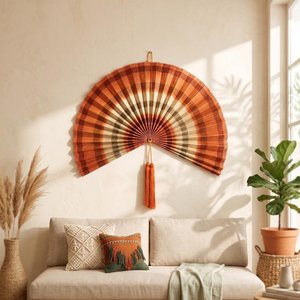 Grand ventilateur mural en bambou décoratif, artisanal, orange, tissé, à suspendre pour le salon, la chambre, le café - Product Image 6