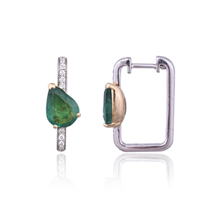 Boucles d'oreilles créoles en or blanc et jaune 18 carats avec émeraude et diamant en forme de poire, bijoux de luxe - Product Image 2