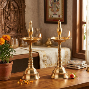Traditional Brass Kuthu Vilakku Pillar <b>Oil</b> <b>Lamps</b> Pair Designer Hindu Pooja Stand Antique Gold Finish Home Temple Decor Products - Product Image 5