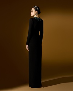 Elegant Black Polyester <b>Plus</b> <b>Size</b> Long Sleeve Floor Length Dress High Neck Beaded Traditional Chinese Women's Evening Party Wear - Product Image 4