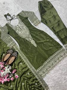 Dernière collection de Kurta / Kurti traditionnels en soie verte pour fêtes et mariages indiens, modèle best-seller, confectionné à partir de matériaux recyclés, prêt à porter - Product Image 3