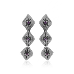 Natural Amethyst 925 Sterling Silver Vintage Long <b>Dangle</b> Studs <b>Earrings</b> Geometric <b>Diamond</b> Shaped Purple Gemstone Drop <b>Earring</b> - Product Image 1