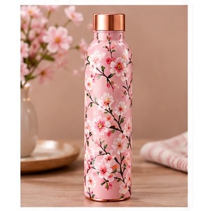 Botella de Agua de Cobre con Diseño Artístico de Aves y Flores Turquesas, Portátil para Viajes, con Tapa de Cobre y Patrón Azul Claro - Product Image 5