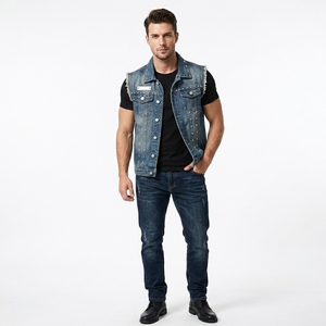Gilet en jean pour homme avec clous, col rabattu, vêtement d'extérieur décontracté, 100% coton, couleur unie, longueur normale - Product Image 6