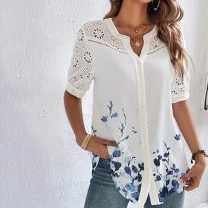 Blusa elegante de mujer Beige M con mangas cortas Casual de encaje y ajuste suelto-para fines de semana de vacaciones - Product Image 6