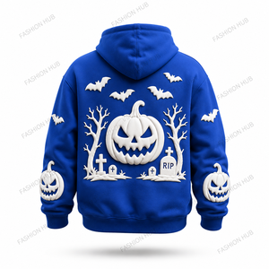Sudadera con Capucha Personalizada con Gráficos 3D de Halloween para Hombre, Sudadera Azul Rey con Estampado de Calabazas, Murciélagos y Cementerio, de Algodón y Felpa, Estilo Casual - Product Image 3