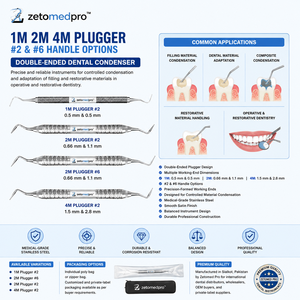 เครื่องมืออุดฟันสเตนเลสสตีลแบบสองหัว ขนาด 1M, 2M, 4M ยี่ห้อ Dental รุ่น Zetomed Pro สำหรับการอุดฟันและบีบอัด - Product Image 2