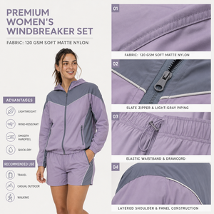 Conjunto Deportivo de 2 Piezas para Mujer, Chaqueta Cortavientos con Capucha y Bloques de Color, Secado Rápido, Corte Regular, Primavera/Verano, Morado y Gris - Product Image 5
